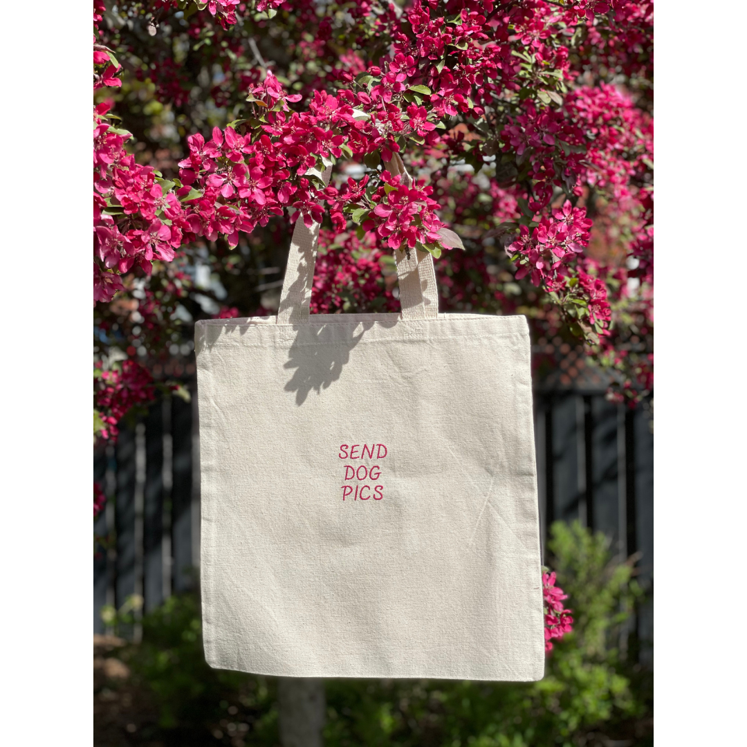 Natural canvas tote bag hung in a tree. Tote bag says "SEND DOG PICKS" in capital letters